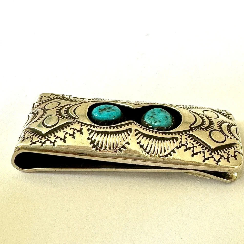 Navajo Turquoise Money Clip Sterling Mens Gift Handmade Skeets Shadowbox Stamped